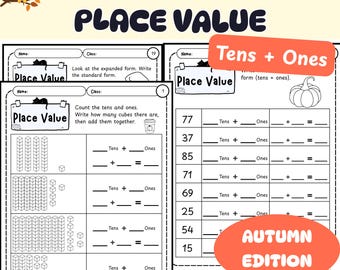 30 Pages - Fall Place Value Worksheet | TENS AND ONES Practice | 2-Digit Numbers | Printable Worksheets for 1st Grade - Fun Autumn Math