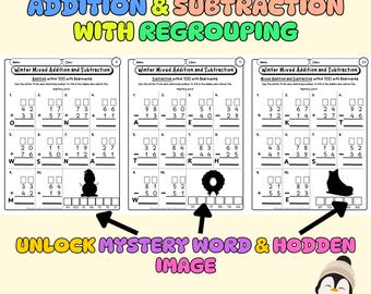 Winter 2-Digit Addition and Subtraction with Regrouping | Mystery Word + Shadow Matching | Fun Math Worksheet for 1st Grade | Printable