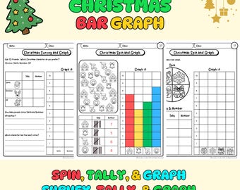 Christmas Survey, Spin, Tally, and Graphing Worksheets | December Fun Math for Kindergarten and 1st Grade | Printable