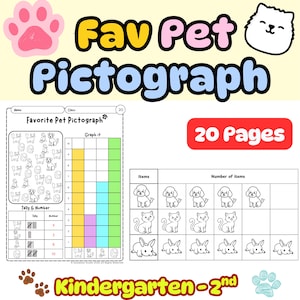 May include: A colorful educational worksheet titled "Fav Pet Pictograph" for kindergarten to 2nd grade. The worksheet includes a graph, tally chart, and illustrations of pets. The text "20 Pages" is displayed on a red rectangle.