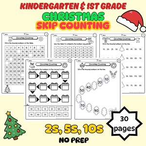 Könnte beinhalten: Schwarz-Weiß-Weihnachtsarbeitsblätter für Kindergarten und 1. Klasse. Die Arbeitsblätter enthalten Zähl-in-Schritten-Übungen mit Zahlen, Weihnachtsbäumen und Geschenkboxen. Der Text auf den Arbeitsblättern lautet "Christmas Skip Counting" und "No Prep".