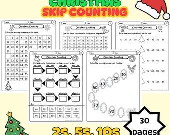 Hoja de trabajo para contar de 2 en 2, 5 en 5 y 10 en Navidad / Jardín de infantes y 1 año