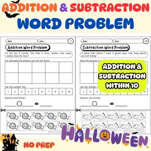 Può includere: Un foglio di lavoro a tema Halloween per problemi di parole di addizione e sottrazione entro 10. Il foglio di lavoro include illustrazioni di caramelle e fantasmi, linee numeriche e spazio per le equazioni. Il testo include "Problema di parole di addizione e sottrazione" e "Halloween".