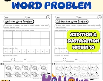 Halloween Addition and Subtraction within 10 Word Problems Worksheet  | Kindergarten & 1st | Printable Math Worksheet/Activity/ - NoPrep