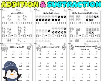 Winter Addition and Subtraction within 10 | Vertical Form and Pictures | Kindergarten Fun Math Worksheets | Printable Worksheets