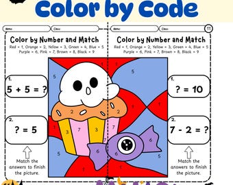 Halloween Color by Code Addition and Subtraction Match Activity | Fun Math Game | Kindergarten and 1st Grade | Printable Math Game