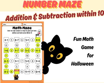 Halloween Math Maze Worksheet: Addition & Subtraction Games (Printable PDF)