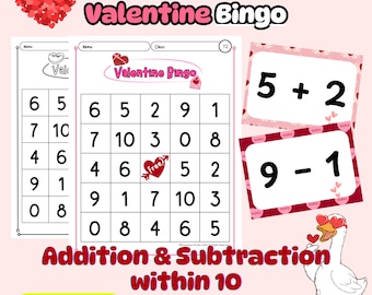 Valentine’s Day Math Bingo | Addition and Subtraction Within 10 | Math Center