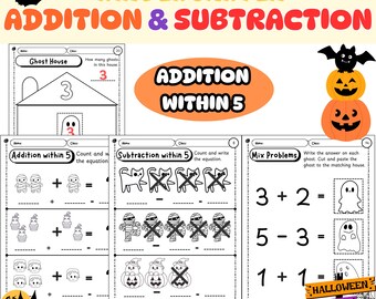 Halloween Addition and Subtraction within 5 Worksheets | Kindergarten & 1st | Printable Math Worksheet/Activity/ - NoPrep