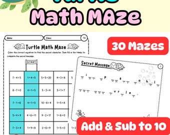 Laberinto matemático de la tortuga / Suma y resta hasta 10 - Desbloquea el mensaje secreto / De K a 1