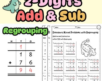 Dinosaur Addition and Subtraction within 100 with Regrouping | 1st–2nd G Math