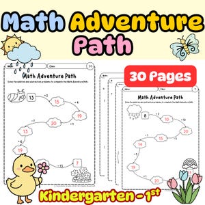 May include: A maths workbook for Kindergarten to 1st grade, titled "Math Adventure Path". The pages feature addition and subtraction problems with illustrations. The workbook has 30 pages. Measurements are in cm.