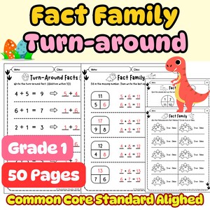 Può includere: Set di fogli di lavoro didattici intitolato "Fact Family Turn-around" per gli studenti di 1a elementare. Le pagine presentano problemi di addizione, esercizi con numeri mancanti e domande vero/falso. Include 50 pagine ed è allineato agli standard.