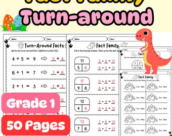 Dinosaur Fact Family and Turn-around Fact Worksheets | Grade 1 Addition & Subtract