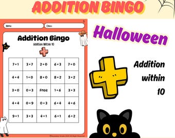 Halloween Addition Bingo | Addition within 10 | for Kindergarten and 1st Grade | Printable Math Game for Math Fluency | Low Prep Activity