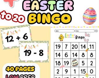 Math Bingo | Addition and Subtraction within 20 | Easter Printable Game | K-1st