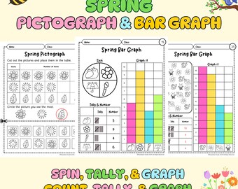 Spring Math | Pictograph and Bar Graph Worksheet | Spin, Tally, Count & Graph | Kindergarten and 1st Grade