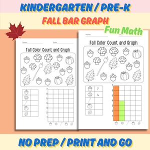 May include: Two printable worksheets for kindergarten or pre-K, featuring fall-themed counting and graphing activities. The worksheets include images of acorns, mushrooms, pumpkins, and leaves, with a bar graph for data representation. The text says "Fall Color Count and Graph".