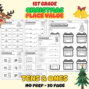May include: A Christmas-themed worksheet for 1st grade math, focusing on place value with tens and ones. The pages feature festive illustrations of Christmas trees, bells, and gift boxes, with math problems to solve. The text reads "Christmas Place Value" and "Tens & Ones".