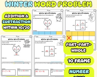 Hoja de trabajo con problemas de invierno / Suma y resta / Parte-Parte-Todo, Recta numérica, Marco de diez - Imprimible