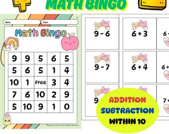 Back to School Math Bingo | Mix Addition and Subtraction within 10 Printable Math Game | Kindergarten & 1st Grade | Low Prep Activity