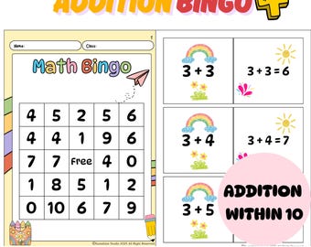 Back to School Math Bingo | Addition within 10 Printable Math Game | Kindergarten & 1st Grade | Low Prep Activity for Math Center/Party