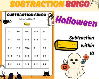Bingo de restas de Halloween / Resta hasta 10 / Jardín de infantes y primer grado / Juego de matemáticas imprimible para fluidez matemática / Actividad de baja preparación