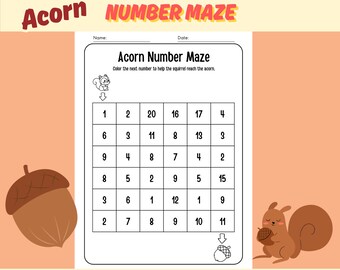 Squirrel & Acorn Number Maze | Kindergarten/Preschool/Pre-K Printable Math Worksheet/Activity | Practice Number Recognition and Sequencing