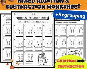 Hoja de trabajo de matemáticas de otoño de 1.er grado / Hoja de trabajo de suma y resta mixta de 2 dígitos hasta 100 con reagrupación / Imprimible - Hoja de trabajo sin preparación