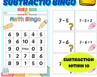 Back to School Math Bingo | Subtraction within 10 Printable Math Game | Kindergarten & 1st Grade | Low Prep Activity for Math Center/Party