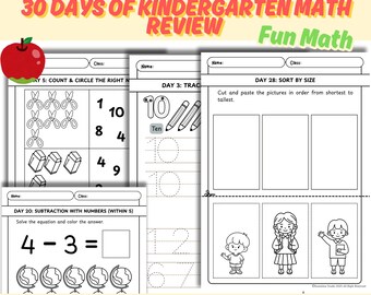 Repaso de matemáticas de jardín de infantes: Regreso a clases - Hoja de trabajo imprimible de 30 días (archivo PDF)