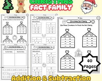 Hoja de trabajo de la familia de datos navideños: suma y resta hasta 10 y 20 / Matemáticas divertidas imprimibles de diciembre para jardín de infantes y primer grado