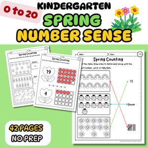 May include: Kindergarten spring number sense worksheets. The image shows three pages with counting exercises, including matching numbers, words, and tally marks to groups of objects. The worksheets feature spring-themed illustrations and the text "0 to 20" and "42 pages no prep".