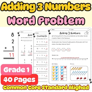 Hojas de ejercicios de problemas de suma de 3 números con dinosaurios / Fluidez matemática para primer grado