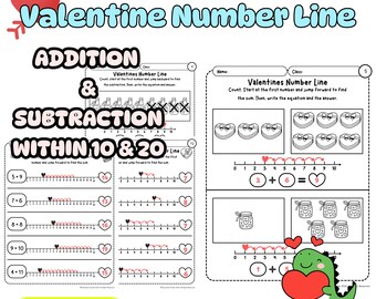 Valentines Addition & Subtraction within 10/20 | Number Line Worksheet | K - 1st