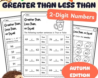 Fall Greater Than, Less Than, Equal To Worksheet | Comparing 2-Digit Numbers | 30 Pages Fun Math Worksheet for 1st Grade | Keys Included