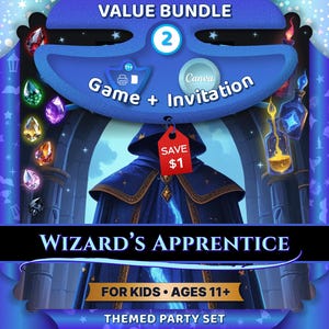 Puede incluir: Gráfico digital para un conjunto de fiesta temático de Aprendiz de Mago. La imagen presenta una túnica de mago azul, gemas coloridas y el texto "Juego + Invitación". El diseño incluye el texto "PARA NIÑOS • EDADES 11+" y "VALUE BUNDLE 2".