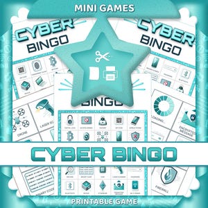 Könnte beinhalten: Ein druckbares "Cyber Bingo" Spiel in Türkis und Weiß. Das Spiel zeigt verschiedene technologiebezogene Symbole und den Text "Mini-Spiele" und "Druckbares Spiel". Das Design beinhaltet ein sternförmiges Element mit Schere und einem Drucker-Symbol.
