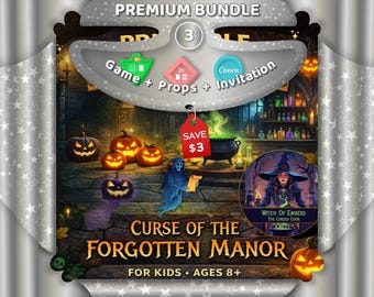 May include: A digital illustration for a Halloween-themed bundle. The image features a spooky scene with jack-o'-lanterns, a witch, and a cauldron. Text includes "Curse of the Forgotten Manor" and "Premium Bundle 3". The bundle includes a game, props, and invitation.