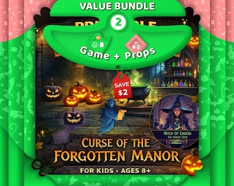May include: A Halloween-themed game bundle with the title "Curse of the Forgotten Manor" for ages 8+. The image features jack-o'-lanterns, a witch, and a ghostly figure. The bundle includes game and props.