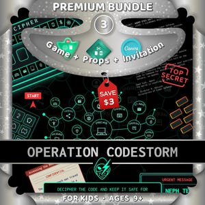 May include: A digital graphic for "Operation Codestorm" featuring a black background with neon green accents. The image includes the text "Premium Bundle 3" and icons for a game, props, and invitation. A red tag reads "Save $3".