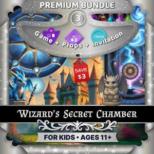 Może przedstawiać: Obraz cyfrowy promujący pakiet premium do gry Wizard's Secret Chamber. Obraz przedstawia niebieskiego smoka, zamek i gargulec. Tekst zawiera "Game + Props + Invitation" oraz "For Kids • Ages 11+".