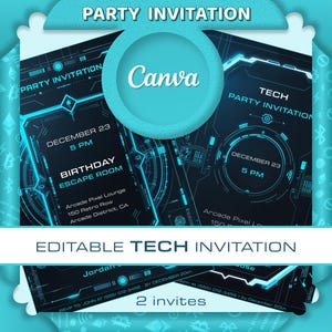 May include: A teal-colored party invitation with a tech theme. The invitation includes the text "PARTY INVITATION", "Canva", "TECH PARTY INVITATION", and event details. The invitation is for a birthday escape room.