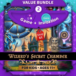 May include: A purple graphic with the text "VALUE BUNDLE 2" and "Game + Invitation". The image features illustrations of a castle, a dragon, and a gargoyle. The text "WIZARD'S SECRET CHAMBER" and "FOR KIDS • AGES 11+" are also present.