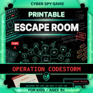 以下が含まれることがあります： 「Operation Codestorm」というタイトルの、サイバースパイをテーマにした印刷可能な脱出ゲーム。デザインは、ネットワーク図や「For Kids • Ages 9+」のテキストなど、白と緑のアクセントが付いた黒い背景が特徴です。