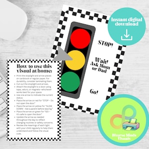 May include: A printable visual aid with a traffic light design, displaying red, amber, and green lights, and the words "STOP!", "Wait! Ask Mom or Dad", and "Go!". Includes instructions and a download icon. The design is framed with a black and white checkered pattern.