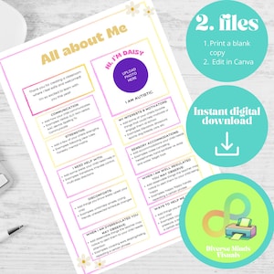 Druckbare und bearbeitbare Einführungsvorlage für autistische Kinder - Alles über mich-Lehrer/Therapeut-Autismus-Adhd-besondere Bedürfnisse-zurück in die Schule