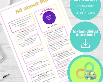 Neurodivergent Child Introduction Template – All About Me Printable (Digital Download, Editable)- daisy girl theme