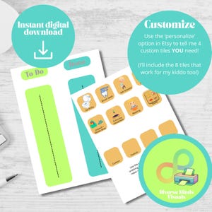 May include: Two printable chore charts with teal and green accents. One chart says "To Do" and has a green section for tasks. The other chart has illustrated icons for tasks like "Brush teeth" and "Reading". The image includes the text "Instant digital download" and "Customize".