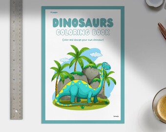 Pode incluir: Um livro de colorir de dinossauros com uma borda azul-turquesa. A capa apresenta um dinossauro de desenho animado, palmeiras e o texto "DINOSAURS COLORING BOOK". O livro tem 15 páginas.